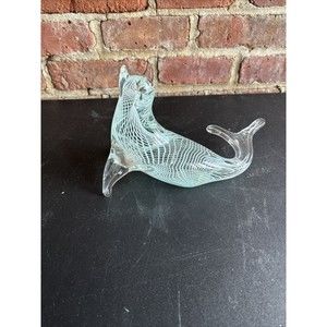 VINTAGE LIGHT BLUE AND CLEAR CRYSTAL GLASS SEAL FIGURINE, 6” TALL X 8” LONG